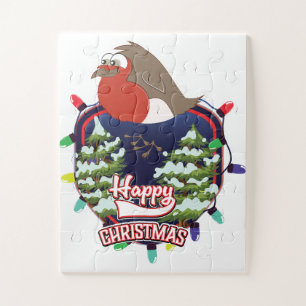 Happy Christmas cartoon Robin logo Jigsaw Puzzle