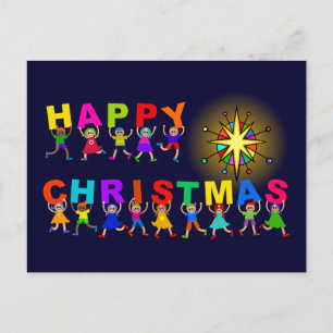 Happy Christmas Cute Cartoon Diverse Kids Text Postcard