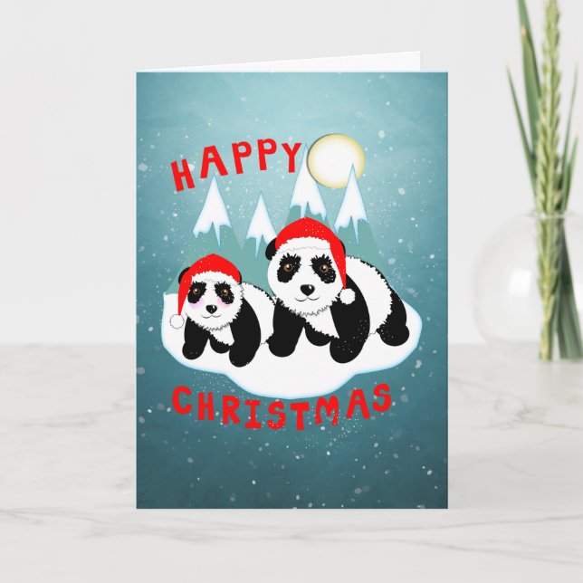 Happy Christmas Cute Pandas Personalised Holiday Card (Front)