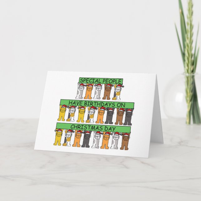 Happy Christmas Day Birthday Cartoon Cats. Holiday Card (Front)