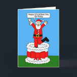 Happy Christmas Day Birthday Cartoon Santa Card<br><div class="desc">A cartoon of Father Christmas leaping out of a giant cake as he says 'Happy Christmas Day Birthday'.</div>