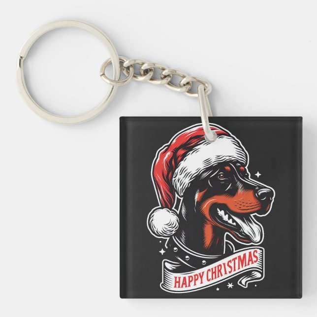 Happy Christmas - Dobermann Santa Hat Funny Dog Key Ring (Front)