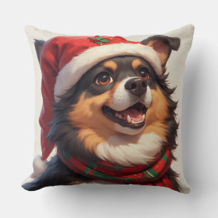 Happy Christmas Dog Portrait in Santa Hat Cushion