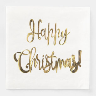 Happy Christmas Elegant Chic White and Gold Text Napkin