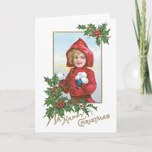 Happy Christmas Girl with Snowballs Holiday Card (Front)