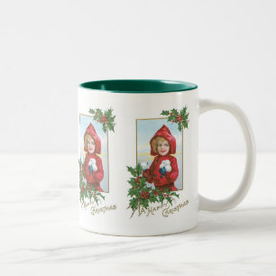 Happy Christmas Girl with Snowballs Two-Tone Coffee Mug