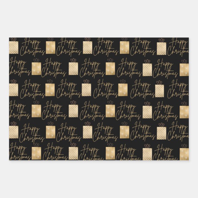 Happy Christmas gold and black Wrapping Paper (Front)