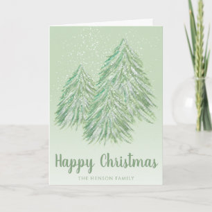 Happy Christmas Green Watercolor Christmas Tree Holiday Card