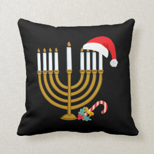 Happy Christmas Hanukkah Santa Hat Jewish Menorah Cushion