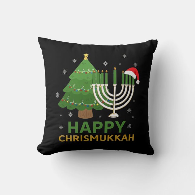 Happy Christmas Hanukkah Santa Tree Jewish Menorah Cushion (Front)
