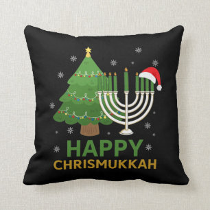 Happy Christmas Hanukkah Santa Tree Jewish Menorah Cushion
