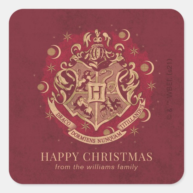 Happy Christmas | HOGWARTS™ Crest - Personalised Square Sticker (Front)