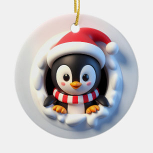 Happy Christmas Holiday Penguin Bursting Out  Ceramic Ornament