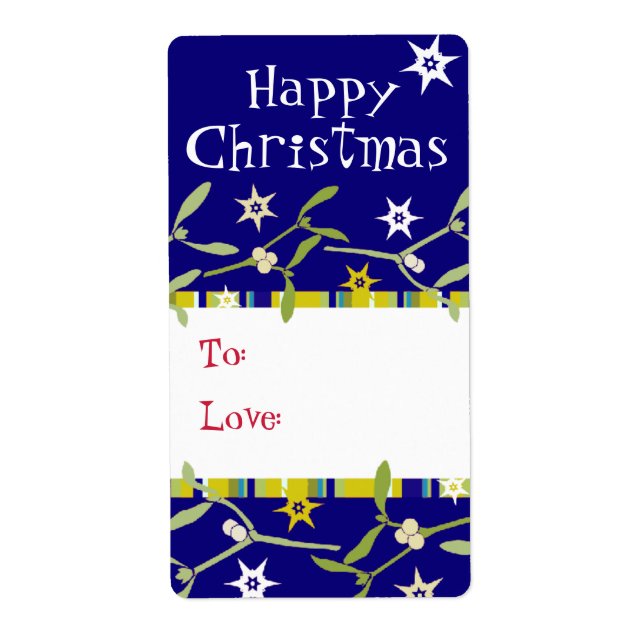 Happy Christmas mistletoe gift tag blue (to/love) (Front)