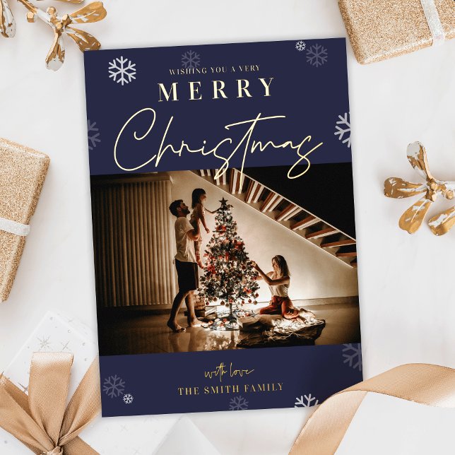 Happy Christmas Navy Festive One Family Photo Foil Holiday Card (Elegant real foil Christmas greeting card in navy blue and space for one big photo)