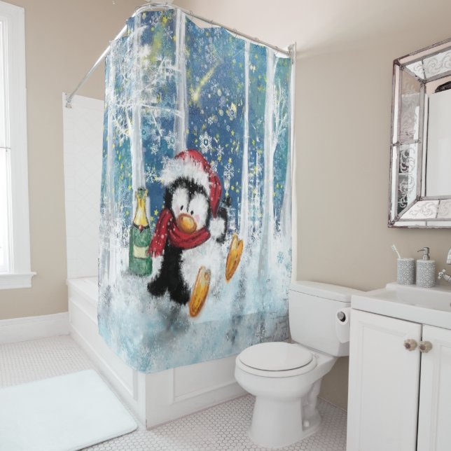 Happy Christmas Penguin Funny Shower Curtain (In Situ)