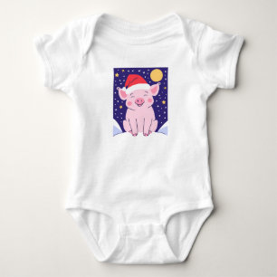 Happy Christmas Piglet with Santa hat Baby Bodysuit