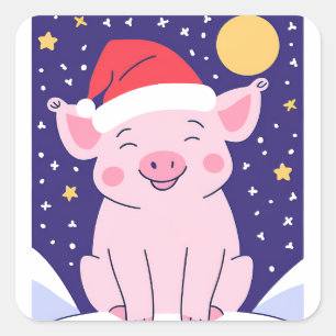 Happy Christmas Piglet with Santa hat Square Sticker