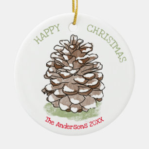 Happy Christmas Pine Cone Personalized Ceramic Ornament