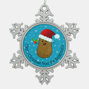 Happy Christmas Potato Personalised Snowflake Pewter Christmas Ornament