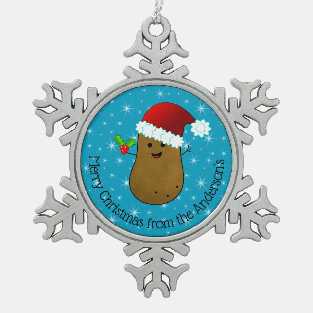 Happy Christmas Potato Personalised Snowflake Pewter Christmas Ornament (Front)