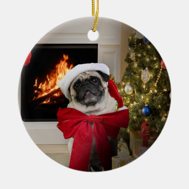 Happy Christmas Pug Misha with Bow Ceramic Ornament (Front)