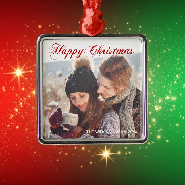 Happy Christmas Red Elegant Script Couple Photo Metal Ornament (Creator Uploaded)