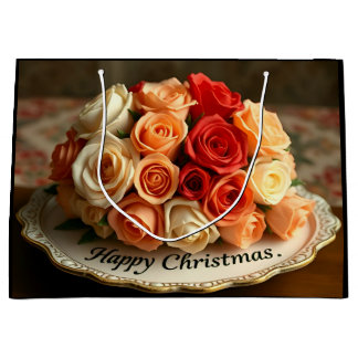 Happy Christmas Rose Flowers Bouquet Decoupage  Large Gift Bag