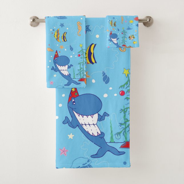 Happy Christmas Shark Bath Towel Set (Insitu)