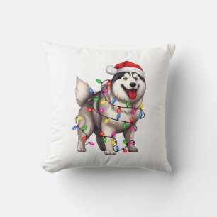 Happy Christmas Siberian Husky with Santa Hat Cushion