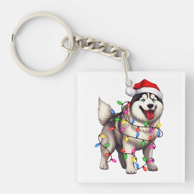 Happy Christmas Siberian Husky with Santa Hat Key Ring (Front)