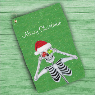 Happy Christmas Skeleton Ornament Eyes Green Gold Golf Towel