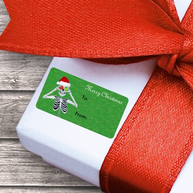 Happy Christmas Skeleton Ornament Eyes Green gold  Label (Christmas skeleton ornament eyes Santa hat on green gift tag sticker label.)