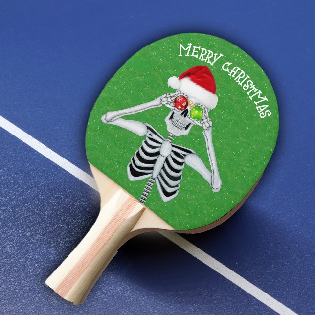 Happy Christmas Skeleton Ornament Eyes Green Ping Pong Paddle (Merry Christmas skeleton ornament eyes Santa hat on green with gold flecks ping pong paddle.)