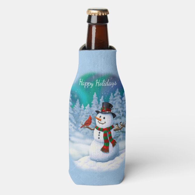Happy Christmas Snowman & Birds Winter Scene Bottle Cooler (Bottle Front)