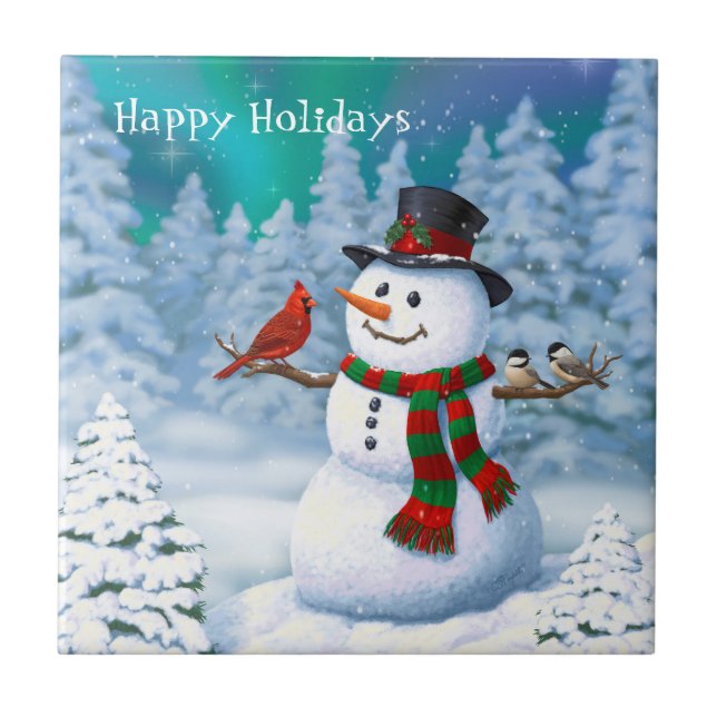Happy Christmas Snowman & Birds Winter Scene Ceramic Tile (Front)