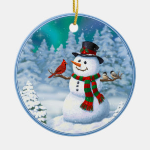 Happy Christmas Snowman & Birds Winter Scene Ceramic Tree Decoration