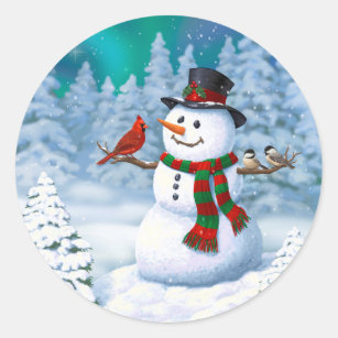 Happy Christmas Snowman & Birds Winter Scene Classic Round Sticker