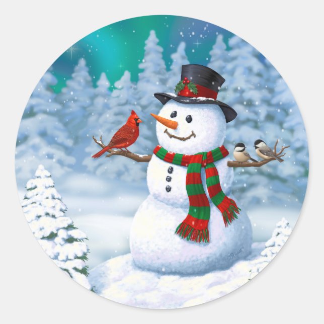Happy Christmas Snowman & Birds Winter Scene Classic Round Sticker (Front)