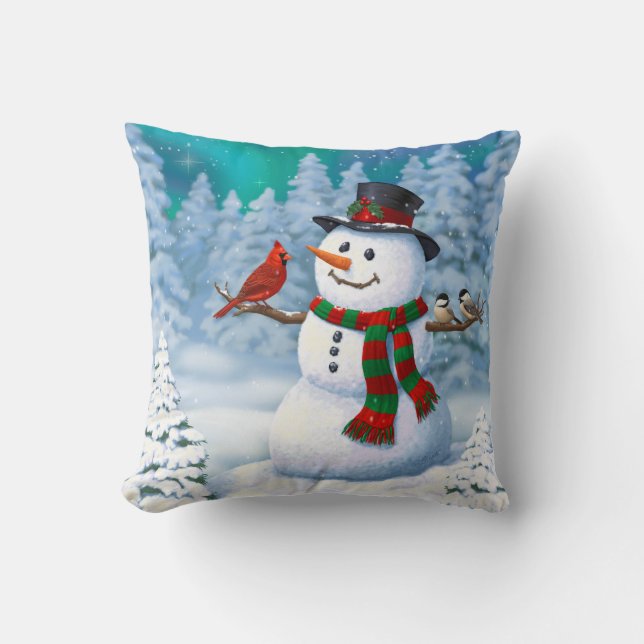 Happy Christmas Snowman & Birds Winter Scene Cushion (Front)