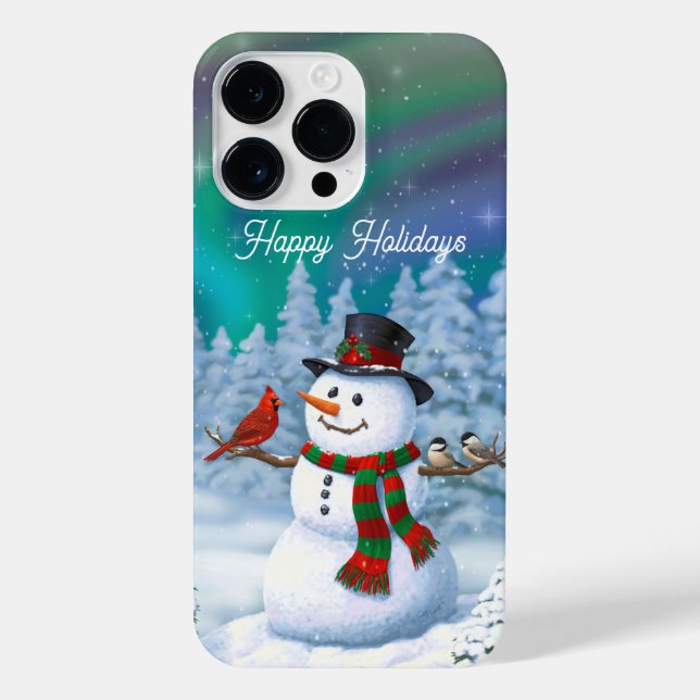 Happy Christmas Snowman & Birds Winter Scene iPhone Case (Back)