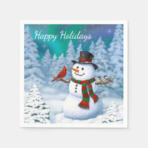 Happy Christmas Snowman & Birds Winter Scene Napkin