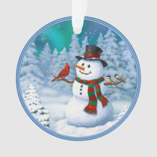 Happy Christmas Snowman & Birds Winter Scene Ornament
