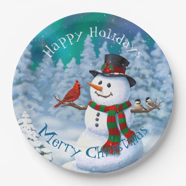 Happy Christmas Snowman & Birds Winter Scene Paper Plate (Front)