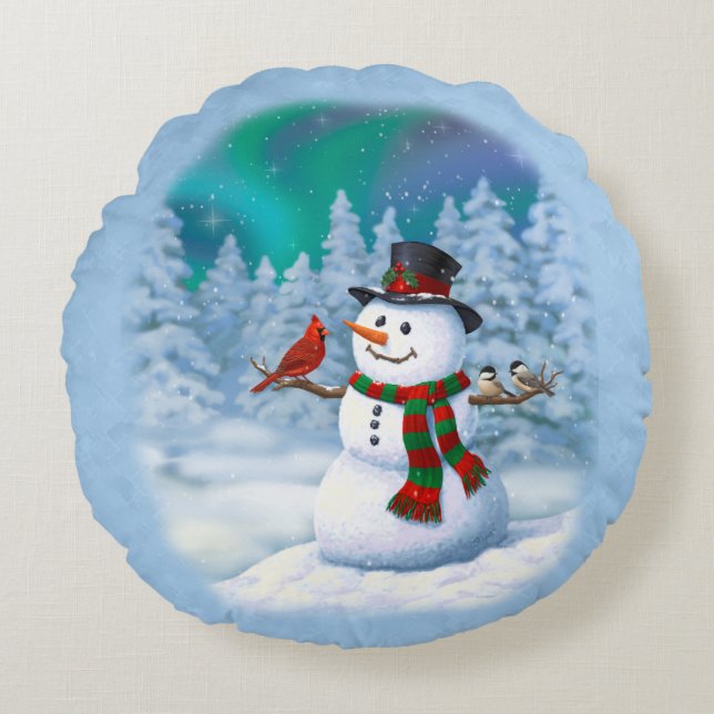 Happy Christmas Snowman & Birds Winter Scene Round Cushion (Front)