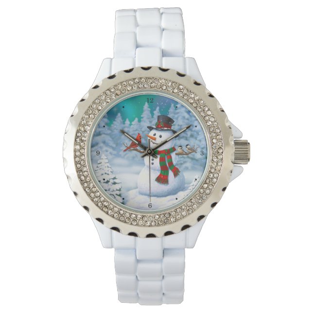 Happy Christmas Snowman & Birds Winter Scene Watch (Front)