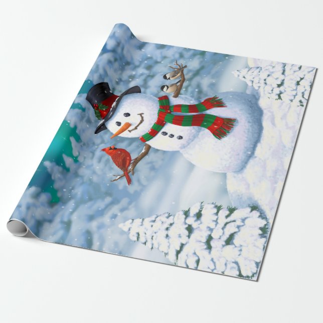 Happy Christmas Snowman & Birds Winter Scene Wrapping Paper (Unrolled)