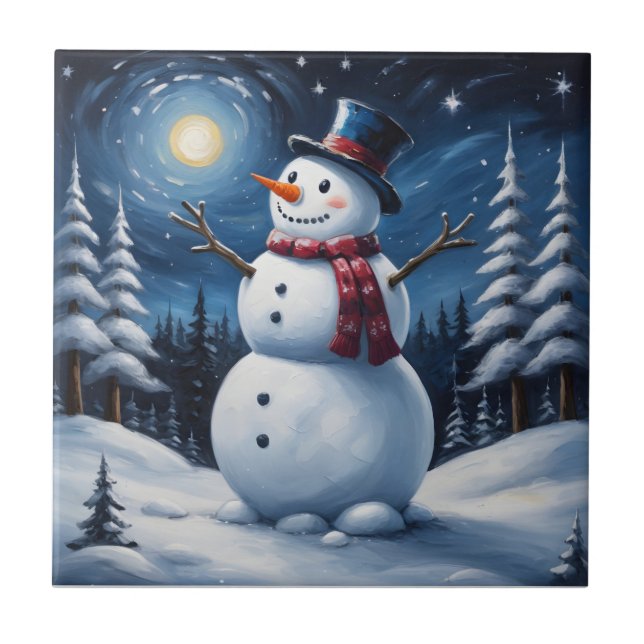 Happy christmas snowman ceramic tile (Front)