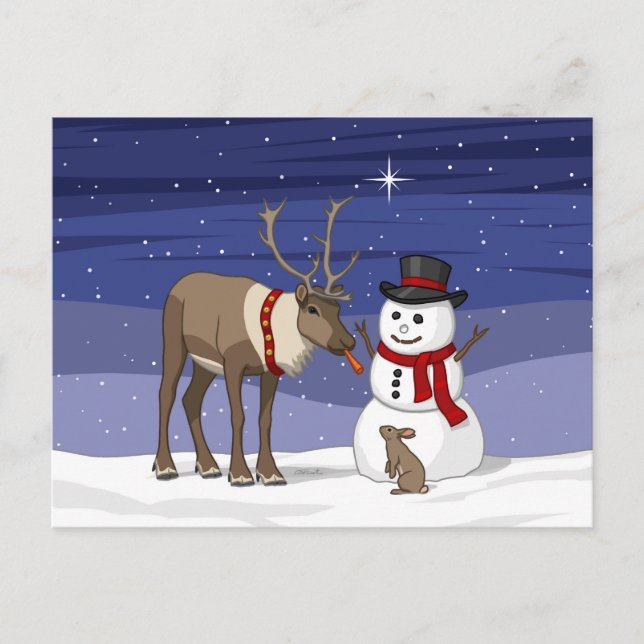 Happy Christmas Snowman & Cute Reindeer Postcard (Front)
