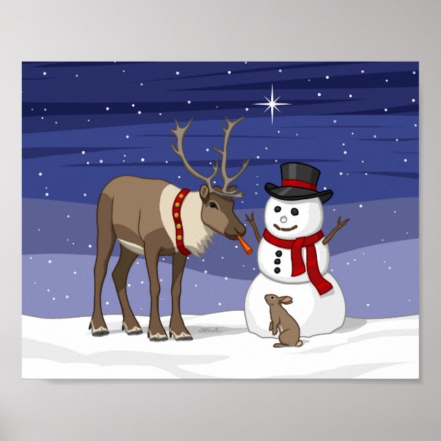 Happy Christmas Snowman & Cute Reindeer Poster (Front)